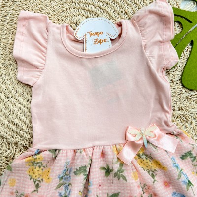  Vestido Manga Curta com Tule Floral e Laço - Pêssego 